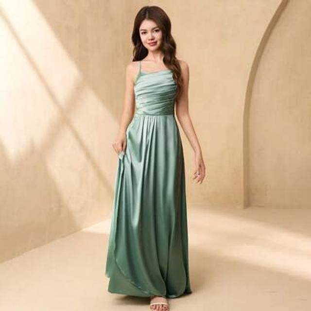 SHEIN Teenage Girls Wedding Bridesmaid Elegant Satin Ribbon Bow V-Neck Ruffled A-Line Long Dress For Prom, Birthday Party, Performance