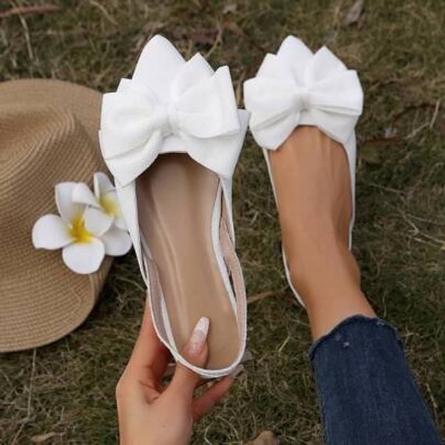 SHEIN Women&#39;s Pointed Toe Slip-On Flats With Bowknot Decor, Elastic Strap Design, White Casual Elegant Comfortable Hollow Out Flat Shoes