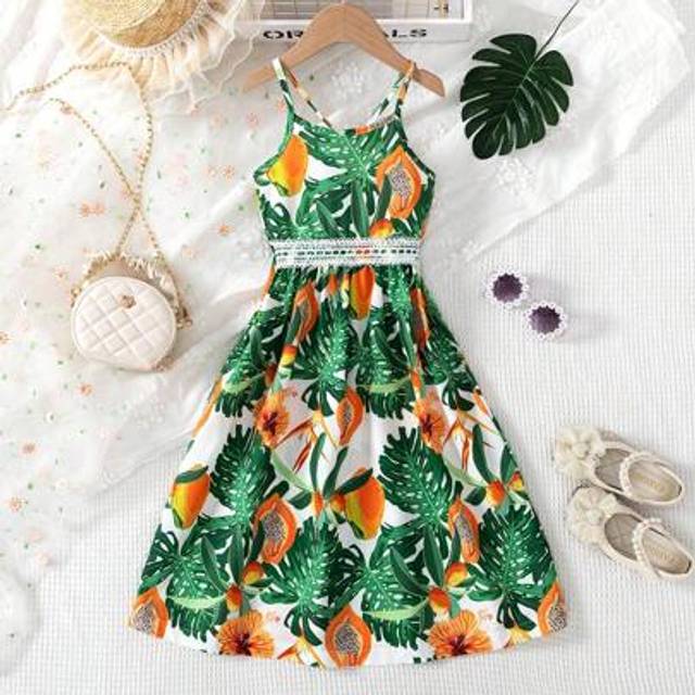 SHEIN Young Girl Casual Tropical Floral Print Sleeveless V-Neck Lace Patchwork Dress, Suitable For Daily And Outdoor, Summer