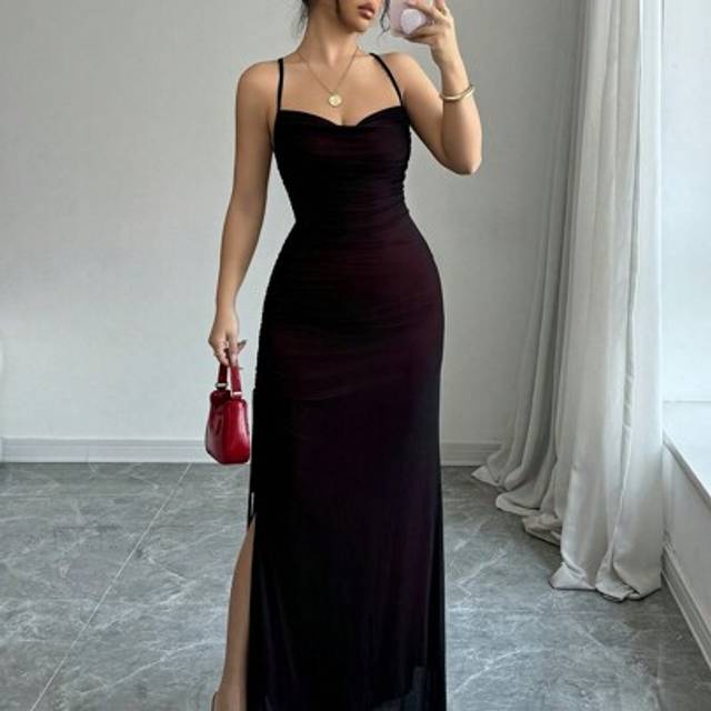 Rafferiza Vintage Sexy Mesh Slit Drawstring V-Neck Dress