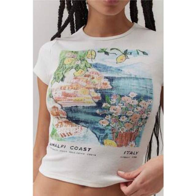SHEIN Women&#39;s Baby Tee Slim Graphic Print Round Neck Showing Navel Cap Sleeve Crop T-Shirt Tops For Summer