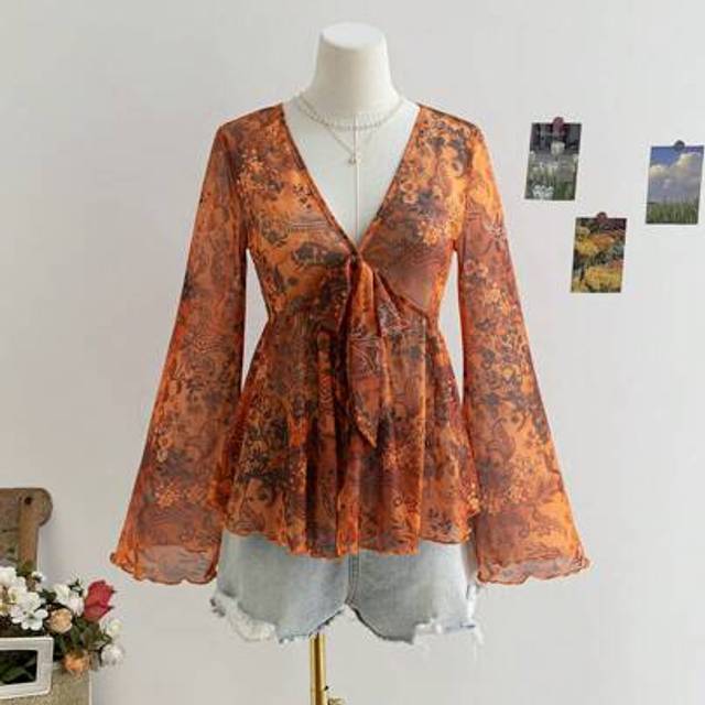 Soleia Vintage Printed V-Neck Front Bowknot Flare Sleeve Asymmetrical Ruffle Hem Blouse For Ladies, Vacation Wear