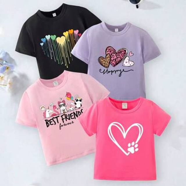 SHEIN Young Girl 4pcs Fashionable Cute Heart & Animal Pattern Comfortable Casual Round Neck T-Shirt, Summer