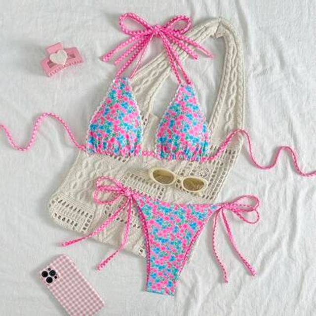 SHEIN 2pcs Double-Sided Printed Wrap Halter Women Sexy Top And Side Tie Triangle Bikini Bottom Set, Beach Outfit