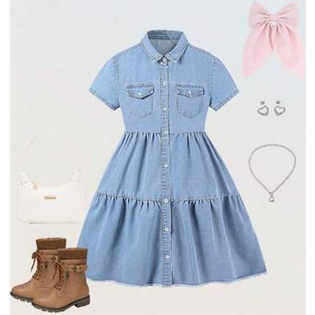 SHEIN Denimly Tween Girls Vintage Casual Urban Preppy Denim Short Sleeve Dress With Collar & Raw Hem