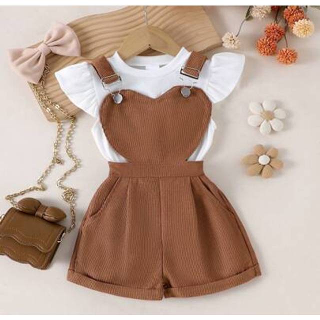 SHEIN 2pcs/Set Summer Toddler Girls Casual Outdoor White Cap Sleeve Top + Coffee Dungaree Pants Outfit