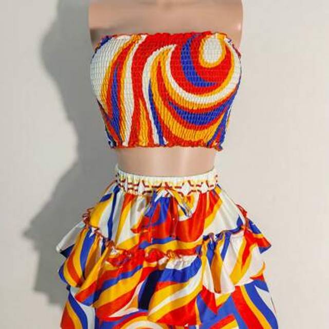 SHEIN 2pcs/Set Women Holiday Casual Colorful Print Tube Top And Ruffle Skirt,Summer Cute Set,Beachwear,Beach Outfits,Vacation Outfits Woman,Summer Outfit,Tr