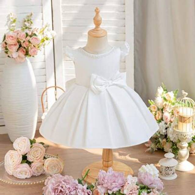 SHEIN Toddler Girls&#39; Spring/Summer Round Neck Beaded Decor V Back Design Removable Big Bow Satin Party Dress Baby Dress Girl Wedding Elegant Dress For Baby