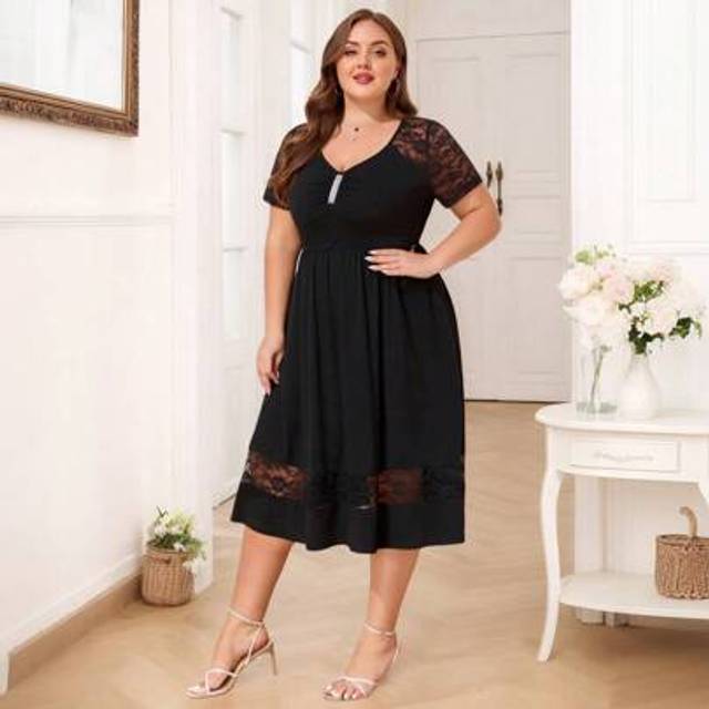 SHEIN Plus Size Women Lace Elegant Formal Party Cocktail Evening Gown Ladies Summer Mesh Sheer See Through Short Sleeve Sequins Shiny V Neck Pockets Midi A-