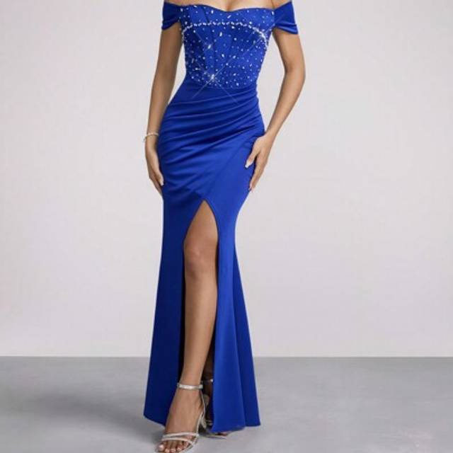 SHEIN Elegant Royal Blue Off Shoulder Short Sleeve Rhinestone Embellished Side Slit Formal Evening Gown, Wedding Guest Dress Dress Music Festival Spring/Sum