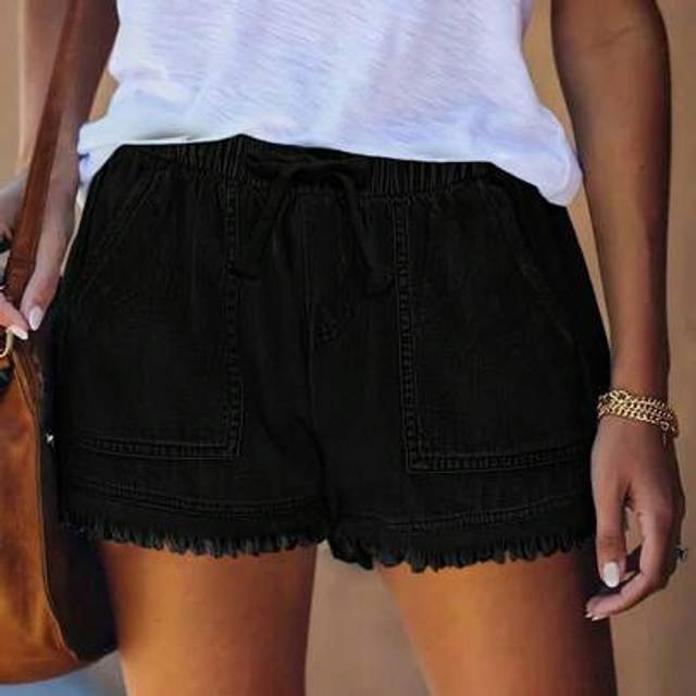 SHEIN Women&#39;s Elastic Waist Frayed Hem Casual Denim Shorts