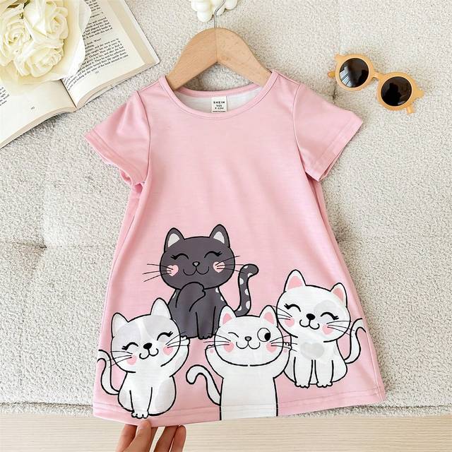 SHEIN Baby Girl Cute Cartoon Pattern Pink Short Sleeve Dress, Spring/Summer