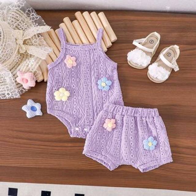 SHEIN 2pcs/Set Cute Baby Girls&#39; Sleeveless Romper + Shorts Set, Lightweight Summer Outfit