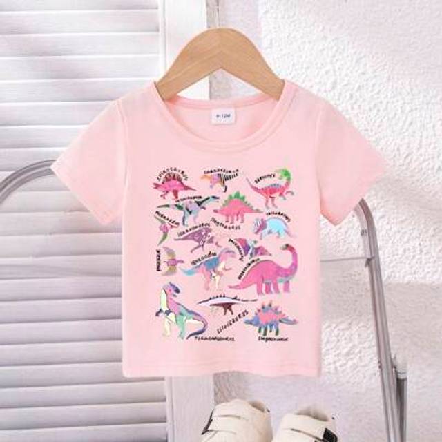 SHEIN Baby Girls&#39; Pink Dinosaur Graphic Casual Crew Neck Short Sleeve T-Shirt, Summer