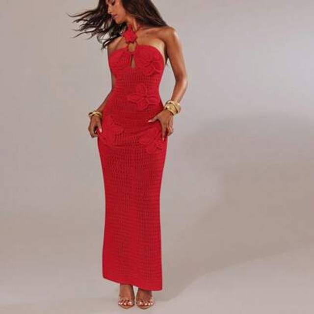 SHEIN Women&#39;s Sexy Backless Halter Neck Maxi Knit Dress