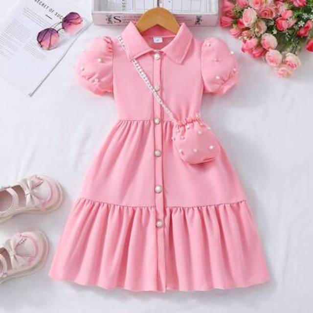 SHEIN 1pc Young Girl Solid Color Collar Puff Sleeve Button Up Cute Dress With Small Bag, Suitable For Summer