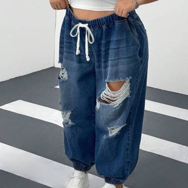 SHEIN Plus Size Elastic Waist Front Tie Distressed Denim Jeans