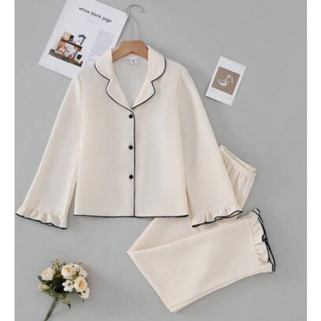 SHEIN 2pcs/Set Tween Girls Casual Contrast Color Edge Ruffle Collar Cardigan Homewear Set, Pink