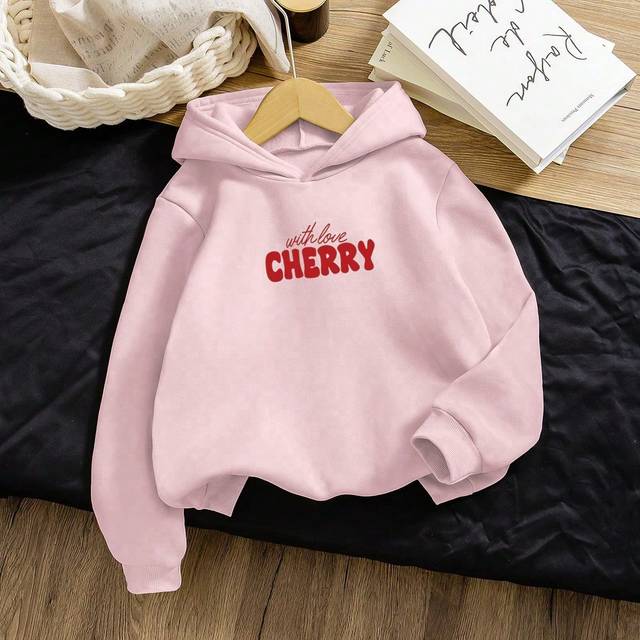 SHEIN Young Girl Casual Cute No.8 Cherry Letter Print Hoodie Sweatshirt