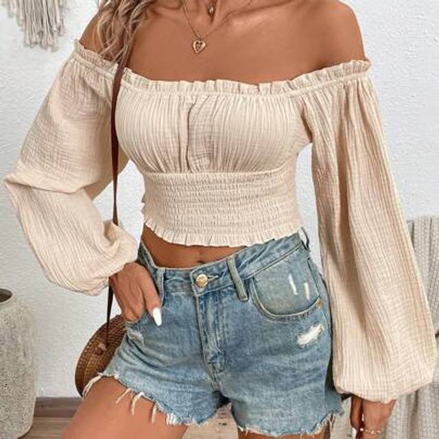 SHEIN Off Shoulder Frill Trim Lantern Sleeve Crop Blouse For Summer Vacation,Long Sleeve Tops