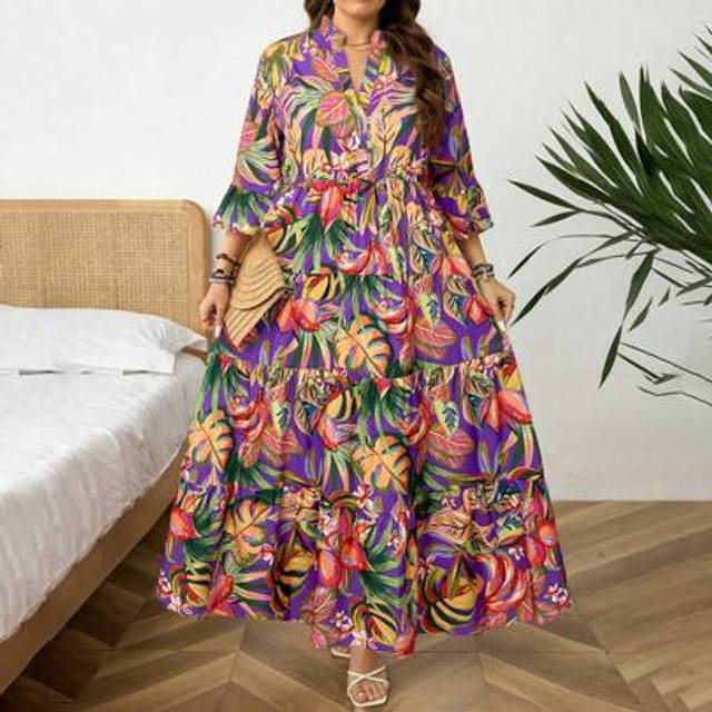 Luneh Plus Size Boho Leaf Print Casual 4-Layers Baby Doll Dress Maxi Dress Summer Vacation