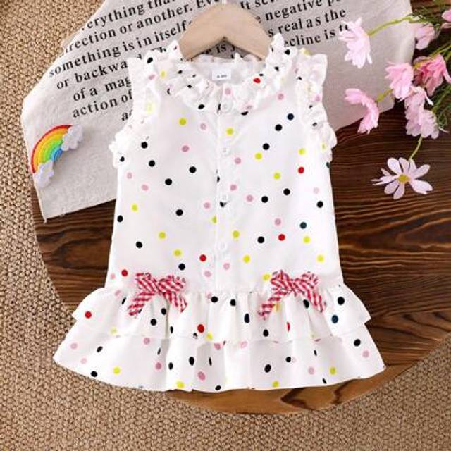 SHEIN Baby Girl Stylish Minimalist Colorful Polka Dot Ruffle Bow Decor Double-Layer Hem Button Half Placket Sleeveless A-Line Dress
