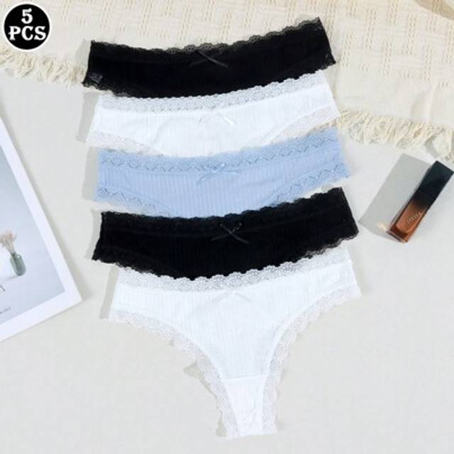 SHEIN 5pcs/Pack Sexy Lace Panties, Lightweight & Breathable Mesh Crotch G-String For Women