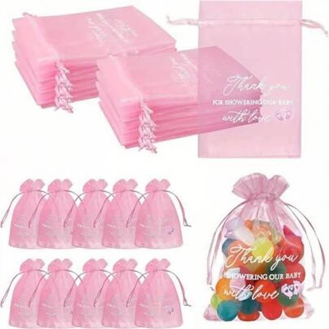 SHEIN Pink Transparent Organza Baby Shower Gift Bag, Small Baby Shower Bag With Drawstring Net For Party Favors, Cosmetics, And Gift Wrapping - 4x6 Inches