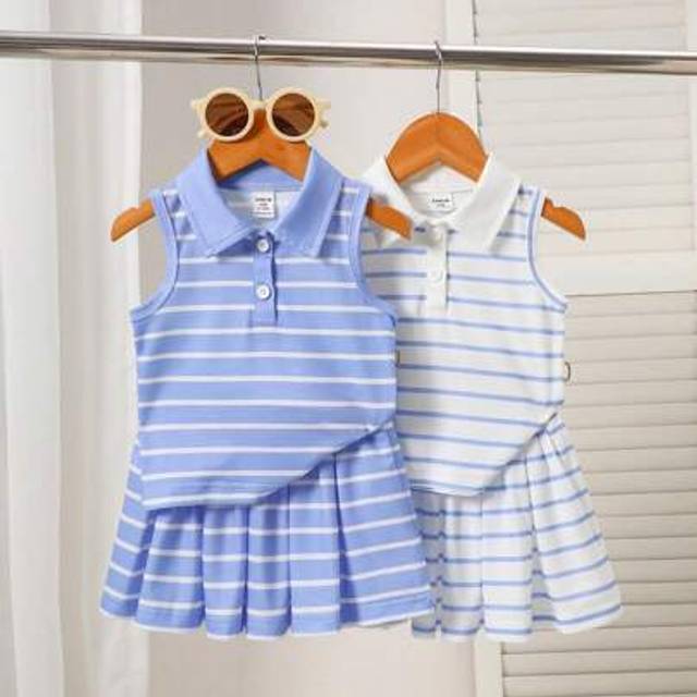 SHEIN 4-Pack Baby Girl Cute Fashion Preppy Style Lapel Sleeveless Striped Top And Skirt Set For Spring And Summer
