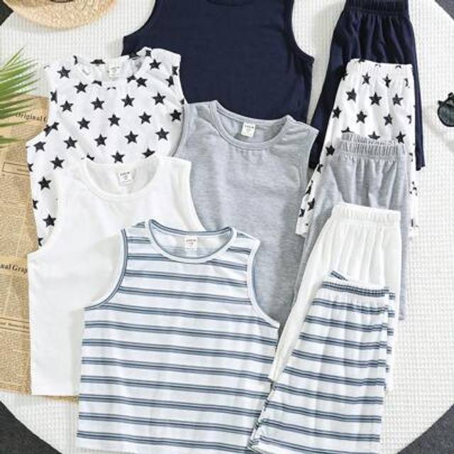 SHEIN 10pcs Young Boy Casual Versatile Knit Polka Dot & Striped Tank Tops And Elastic Waist Shorts Set, Suitable For Outdoor Play, School, Street, Party, Ho