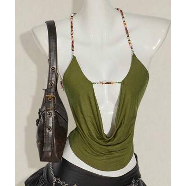 SHEIN Women Green Beaded Spaghetti Strap Sexy Low-Cut Back Camisole