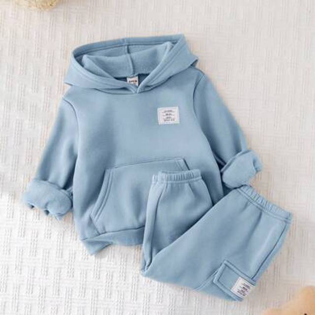 SHEIN 2pcs Baby Boy/Girl Casual Sports Letter Pattern Pocket Hoodie And Elastic Waist Pants Set, Suitable For Autumn/Winter