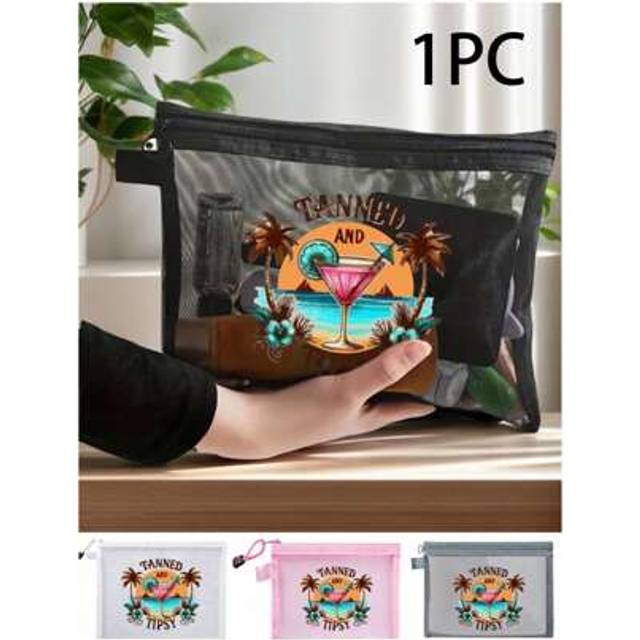 SHEIN Printed With Beach Coconut Tree Juice Pattern Mesh Cosmetic Bag With Coconut Trees, Shells, Whales, Starfish Pattern, Red Air Cushion Storage Portable
