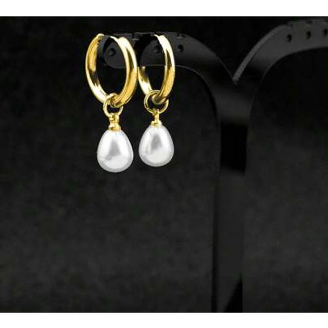 SHEIN 1 Pair Stainless Steel Waterproof And Non-Fading Stylish Women&#39;s Gold/Silver Water Droplet Pearl Hoop Earrings, Suitable For Women&#39;s Daily Wear