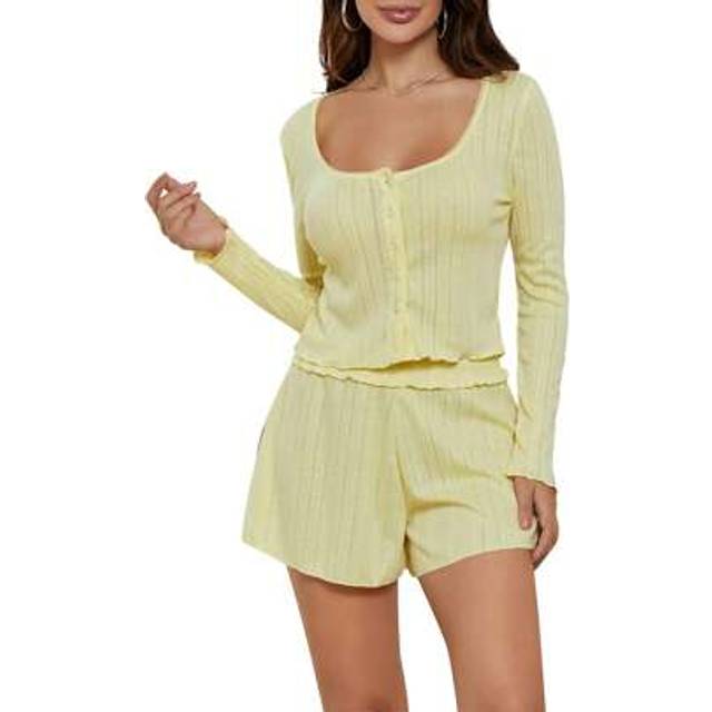 SHEIN Women Pajama Set, Long Sleeve Button Closure Top With Shorts Sleepwear Loungewear