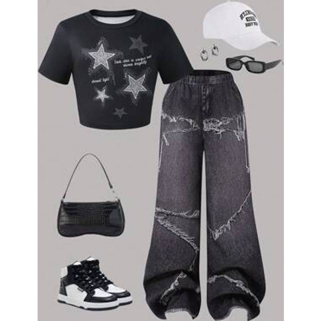 SHEIN 2pcs Girls Street Fashion Star Graphic Fitted Cropped Knit T-Shirt + Loose Denim Look Printed Utility Pants Set