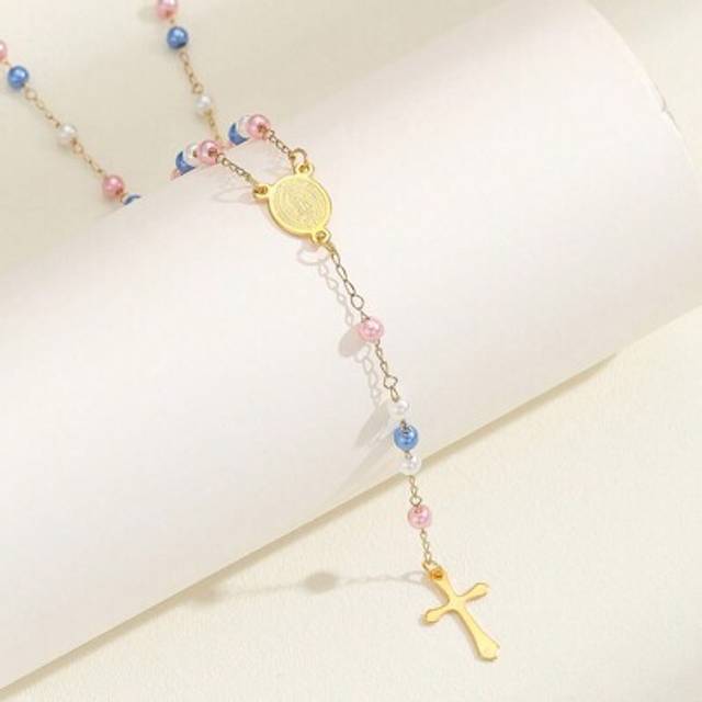 SHEIN 1pc Fashion Classic Style Rosary Multi Colors Faux Pearl Beads Stainless Steel Cross Pendant Chain Rosenkranz Necklace Jewelry For Women Girls