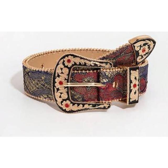 SHEIN 1pc Women&#39;s Gemstone Carving Buckle Multi-Color Palace Embroidery Pattern PU Leather Belt