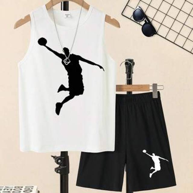 SHEIN 2pcs Tween Boys Casual Basketball Print Round Neck Tank Top And Shorts Set, Suitable For Summer
