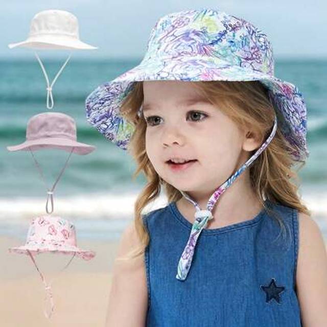 SHEIN 1pc Girls Daily Leisure Sun Protection Bucket Hat With Windproof Rope, Simple Solid Color Or Cartoon Print Design, Thin Breathable Bucket Hat, Beach H