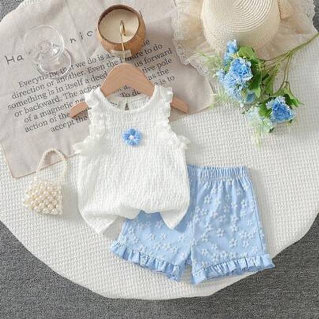 SHEIN Baby Girls Jacquard Vest Top And Jacquard Shorts Set, Adorable Spring/Summer Outfit