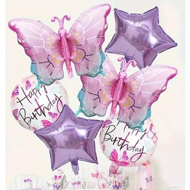 SHEIN 5pcs Pink Butterfly Foil Balloons Set, Butterfly Theme Happy Birthday Decorations, Spring Outdoor Garden Butterfly Balloons, Valentine&#39;s Day Party Dec