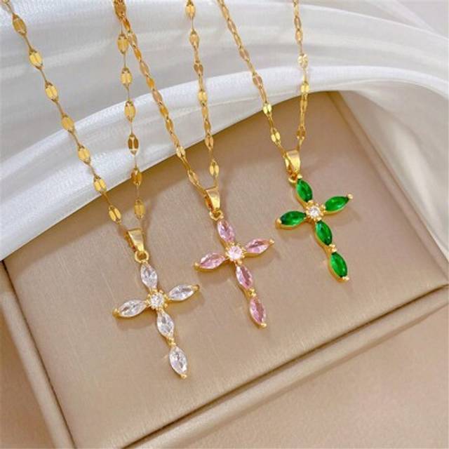SHEIN Gorgeous & Simple Tricolor Cubic Zirconia Copper Cross Pendant Necklace, Women&#39;s Versatile Gold Stainless Steel Bamboo Chain Jewelry Accessory, Annive