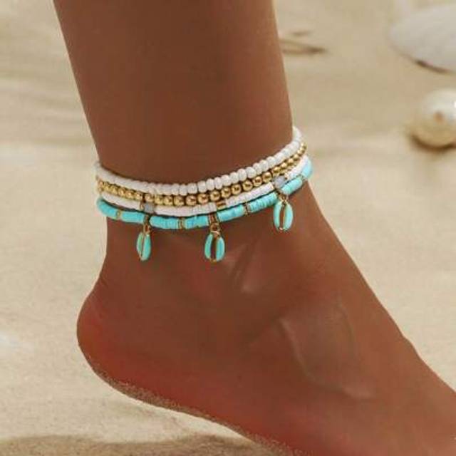 SHEIN 1 Set Of 4 Boho Style Handcraft Bead & Clay Anklets, Multilayer Beaded Ocean Theme Ankle Chains Including Blue Shell Pendant, Suitable For Beach, Vaca