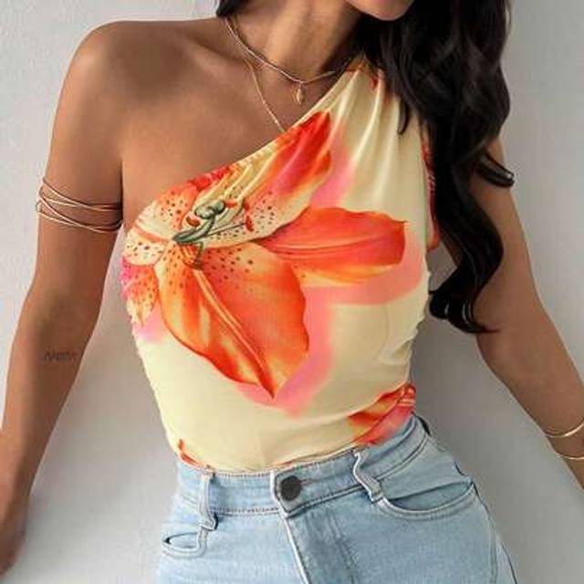 Firerie Ladies Casual Yellow Floral Mesh Bodysuit, Asymmetric Shoulder Fitted Ruched Waist, Suitable For Hawaii Resort, Elegant For Dates, Valentine&#39;s Day, We