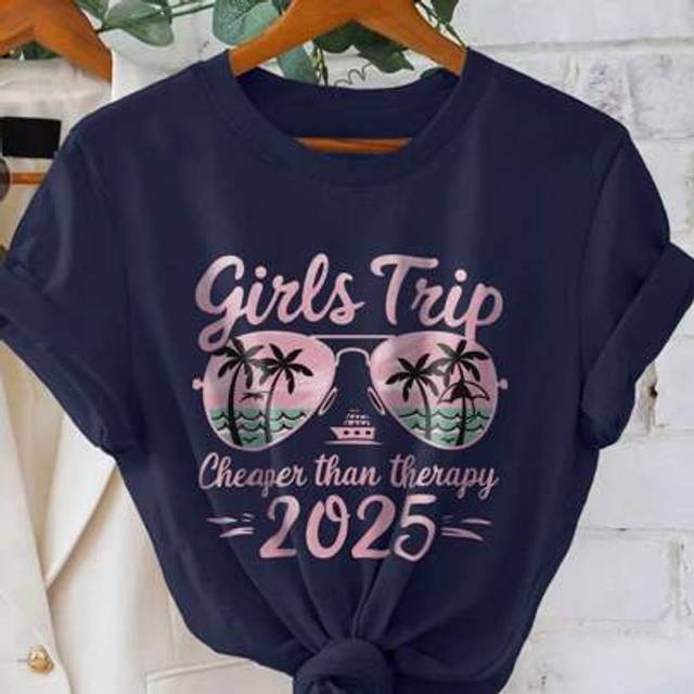 SHEIN Women&#39;s &#34;Girls Trip&#34; Graphic T-Shirt, Palm Tree Glasses Beach Vacation Style, Suitable For Beach Vacation, Summer Fit, Casual Solid Color Round Neck S