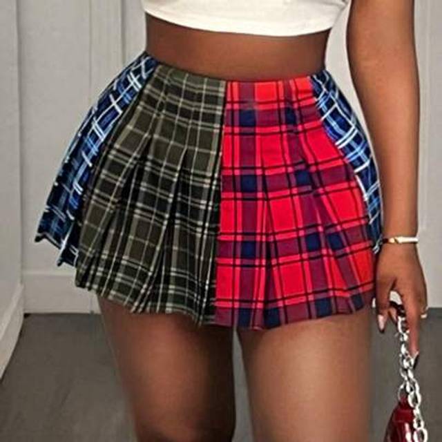 SHEIN Summer Casual Colorblock Plaid Pleated Skirt