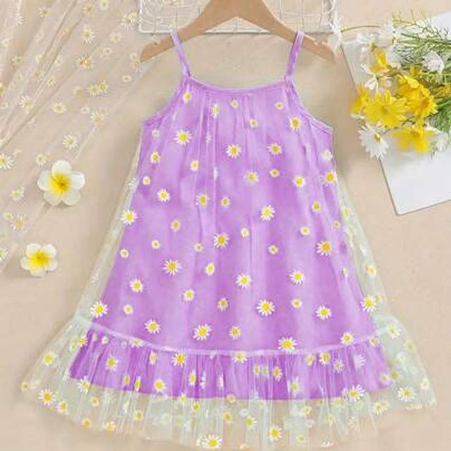 SHEIN Enchanting Girls&#39; Light Blue Daisy Mesh Layered Cami Dress - Elegant Ruffle Hem, Machine Washable - Perfect For Summer Parties And Casual Wear