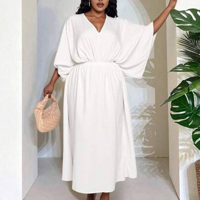 Slaydiva 2025 Spring/Summer New Arrival Beach Vacation Party Elegant Casual Daily White Textured Fabric Deep V-Neck Batwing Sleeve High Slit Dress