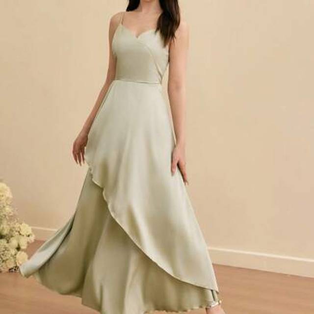 SHEIN Teenager Girl Ruffled V-Neck Layered Spaghetti Strap Party Dress, Bridesmaid Wedding Formal Attire